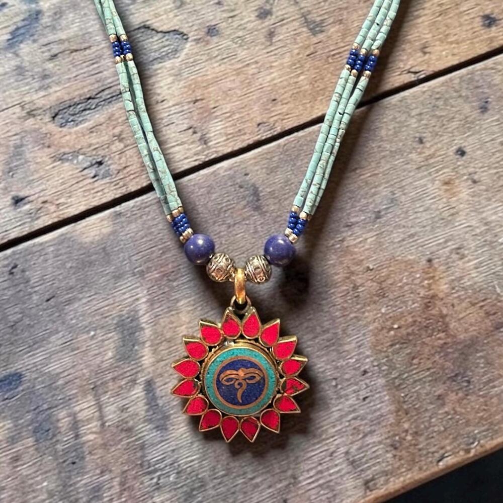 Tibetan Silver Buddha Eye Necklace Handcrafted Turquoise Coral & Lapis